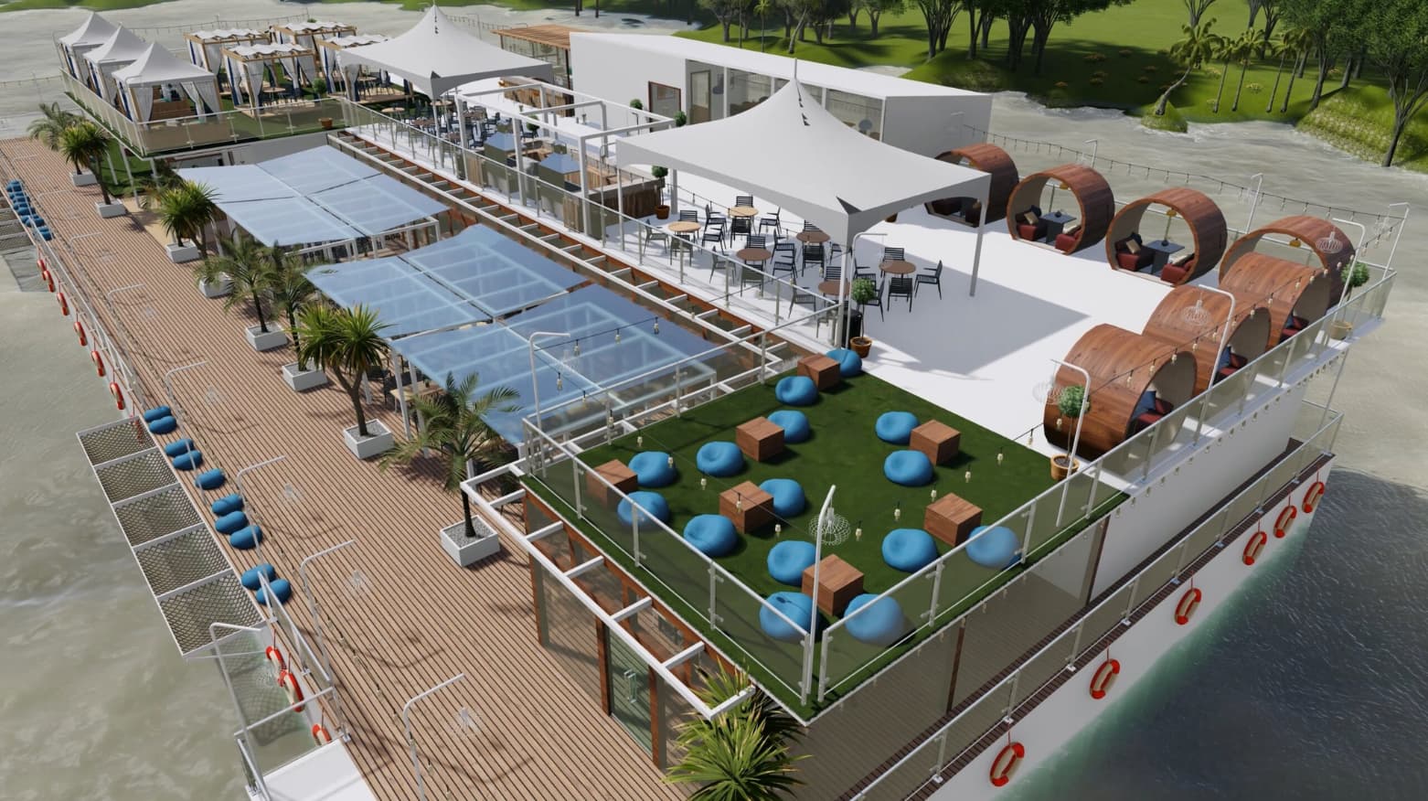 Aerial 3D marine Exterior visualization of a modern floating restaurant concept. The tiered pontoon design features a broad wooden deck, white tension tent canopies, a green artificial turf lounge with blue beanbags, and distinct wooden barrel-shaped dining pods on the water.