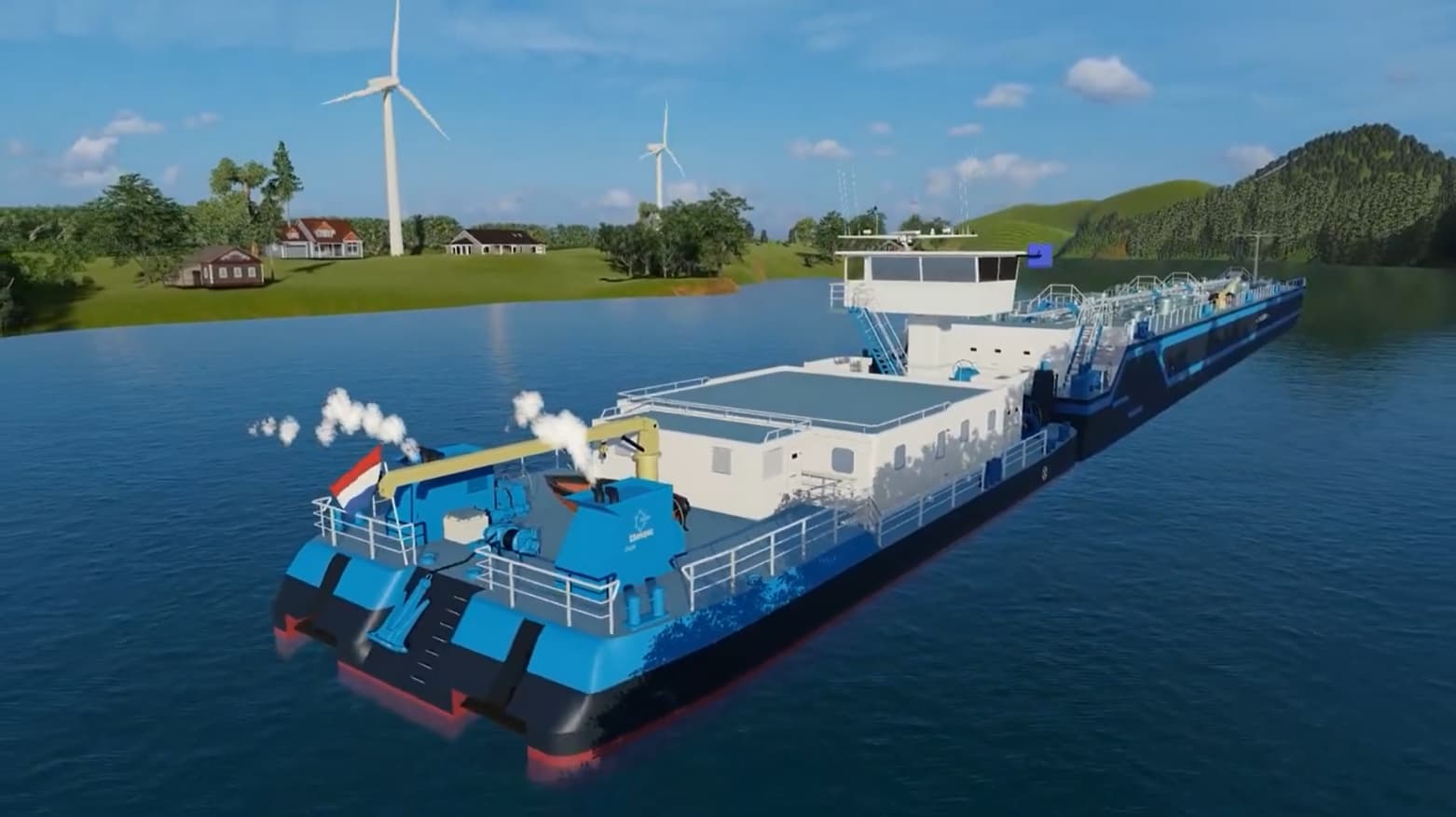3D marine visualization of an inland LPG pusher-barge navigating a calm waterway. The CGI rendering features a blue and black pusher tug with a tall white wheelhouse propelling a long liquefied gas carrier barge past green hills and wind turbines.