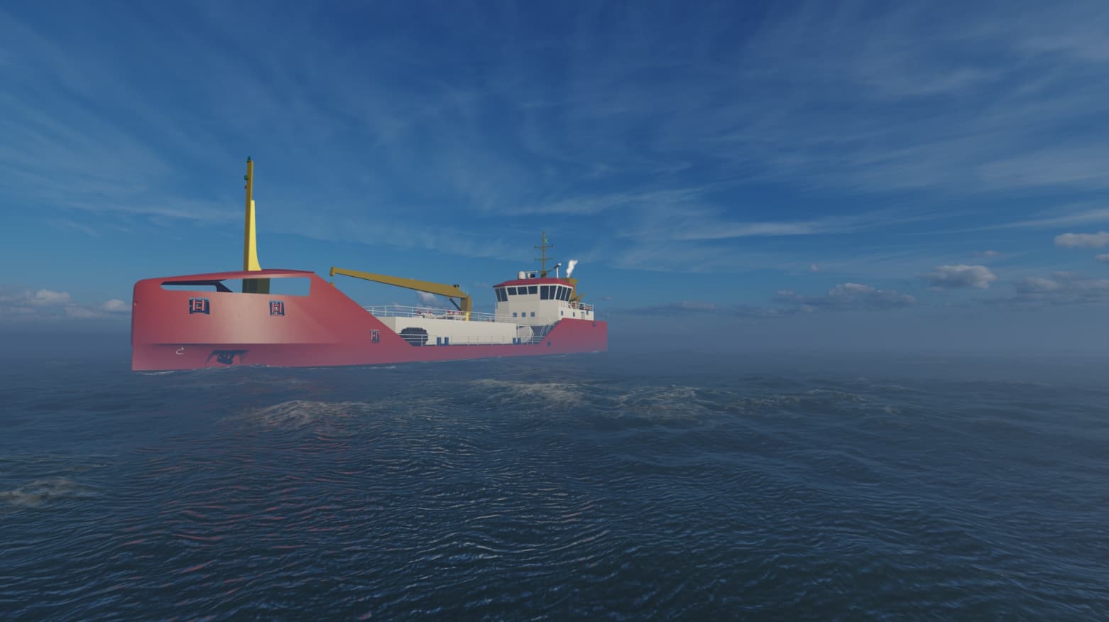3D marine visualization of a conceptual oil tanker navigating choppy ocean waters. The CGI rendering features a detailed vessel with a red hull, mid-deck yellow crane, and aft white superstructure under a cloudy blue sky.