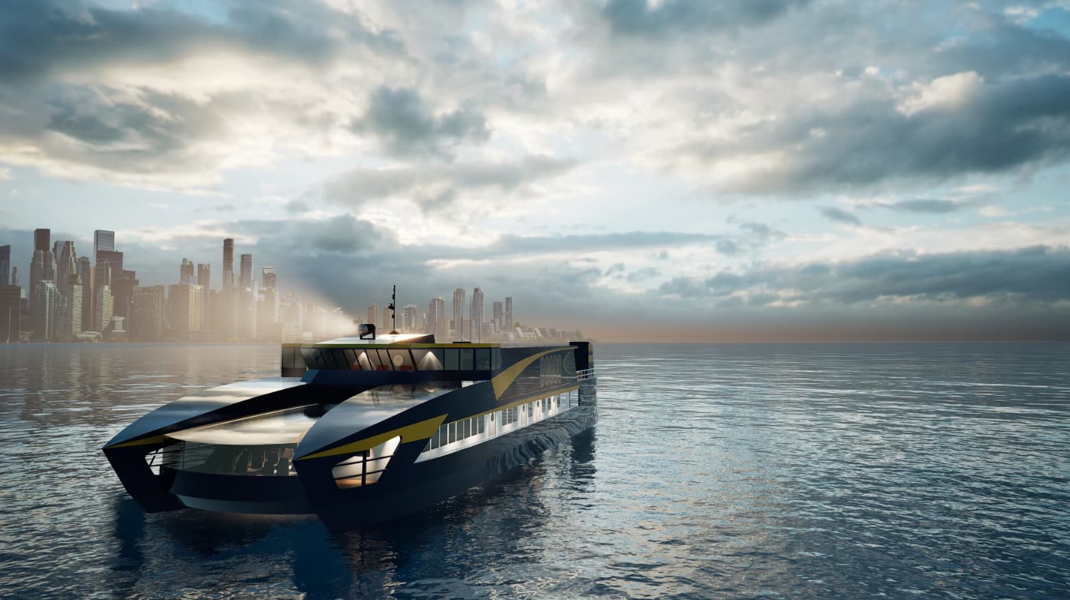 3D marine visualization of a sleek transport catamaran approaching a modern city skyline. The CGI rendering features a dark blue and yellow multi-hull passenger ferry navigating calm ocean waters under a dramatic, cloudy sky with sunlight breaking through.