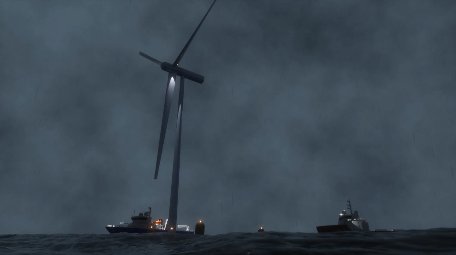 3D marine visualization of an offshore wind turbine concept during a severe coastal storm. The CGI rendering features a towering wind turbine with an illuminated tower, accompanied by two offshore support vessels navigating rough, dark ocean waters under heavy rain and overcast skies.