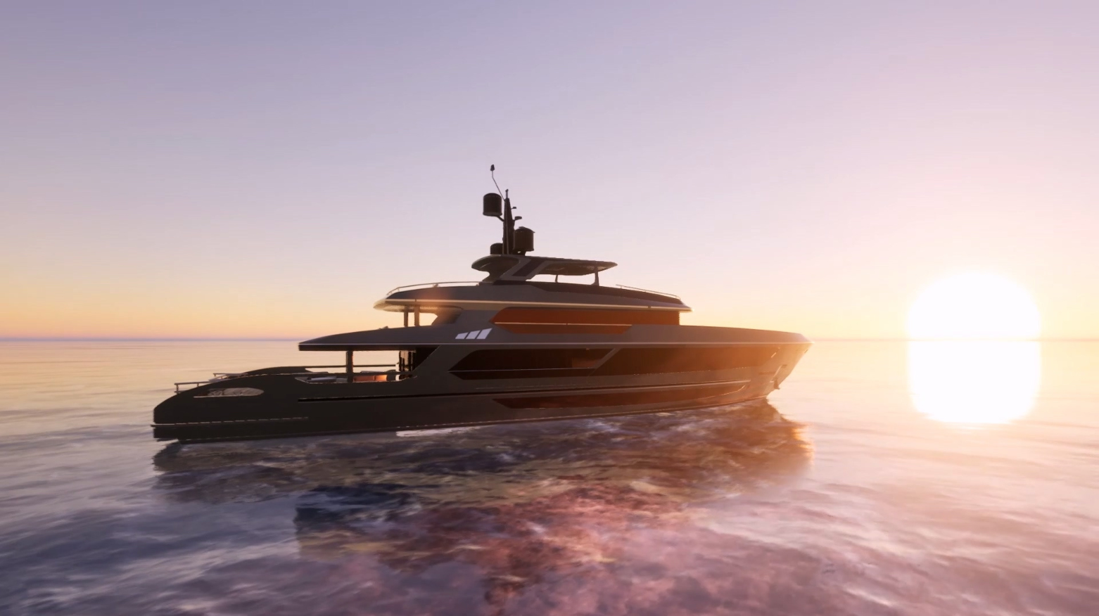 3D marine visualization of a luxury 40M motor yacht cruising on calm waters during a bright sunrise. The CGI rendering features a sleek, dark-colored multi-deck vessel with modern architectural lines silhouetted against a vibrant, glowing sun and reflective ocean.