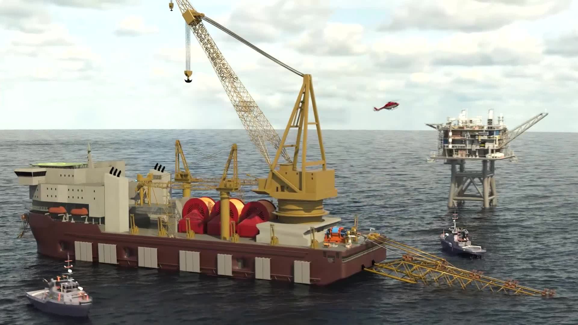 3D marine visualization of an offshore pipelaying construction vessel with a large yellow crane, red spools, and a deployed stinger, operating near a fixed offshore oil platform alongside support boats and a helicopter.