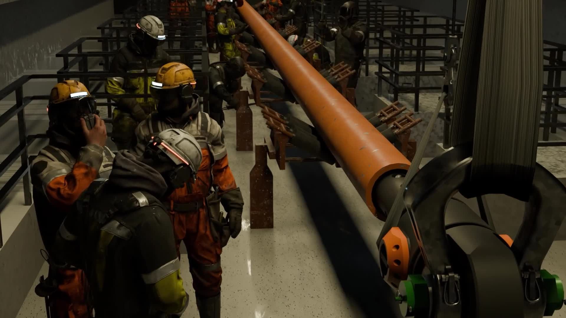 3D marine visualization of a Balltec PipeLOK product overview operation. The highly detailed CGI rendering depicts a dimly lit industrial deck environment where offshore workers in high-visibility safety gear and hard hats observe a massive orange structural pipe suspended by heavy-duty black rigging and mechanical lifting equipment.