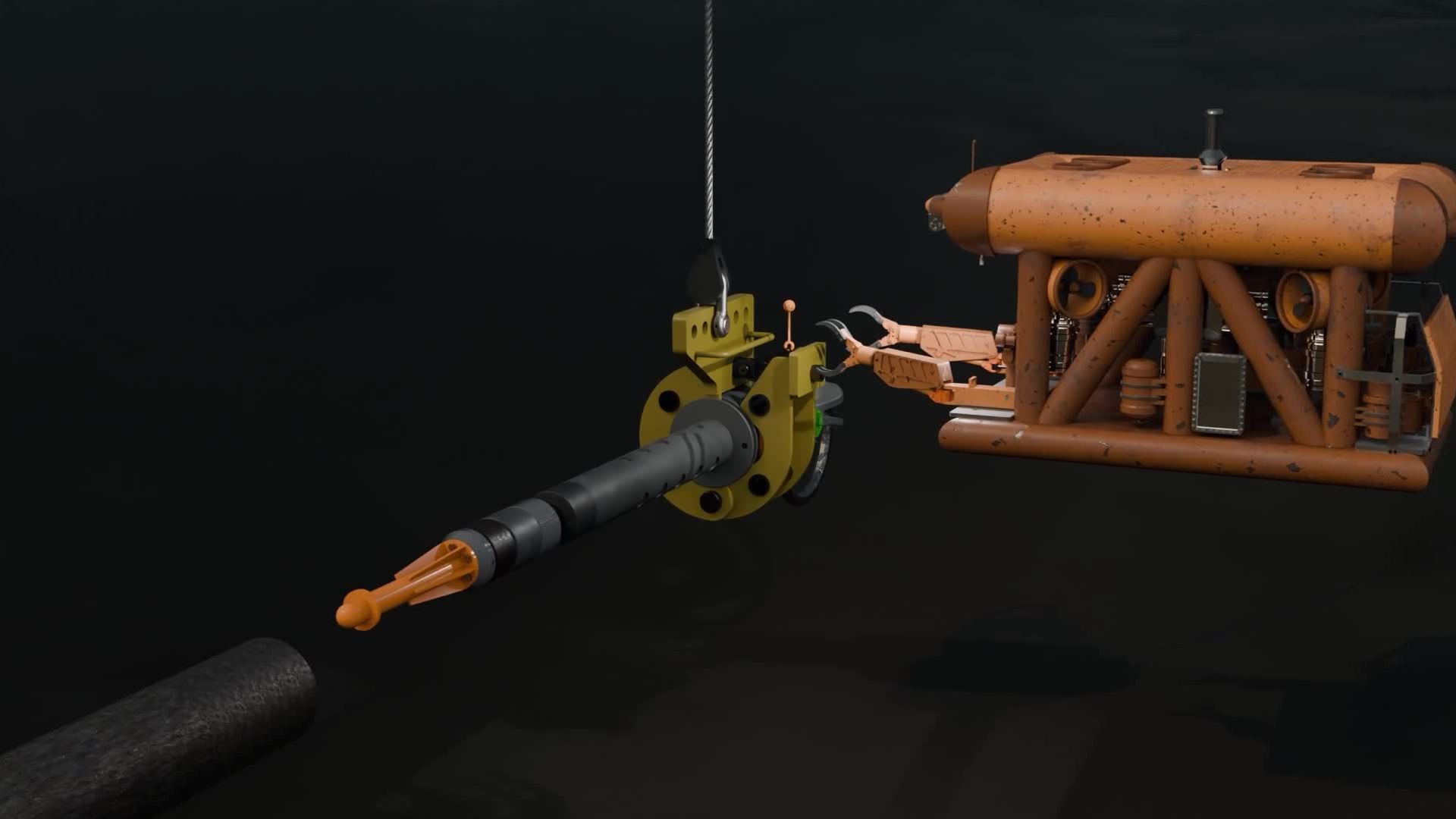 3D marine visualization of a high-work-class ROV in a dark subsea environment, using its manipulator arm to guide a suspended, yellow and black internal pipe lifting tool toward an open pipeline segment.